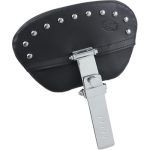 Studded style features a studded skirt with conchos and braid that extends below the edge of the seat Backrest folds completely forward for ease of getting on motorcycle Backrest has rounded thumb screw to adjust forward/back up to 2" Backrest easily snaps into four height positions Premium-quality expanded vinyl cover Made in the U.S.A.