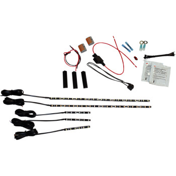 48" color-coded wire in high-temp protective black sheathing
Attach with pre-attached 3M adhesive tape
High-output 5050 surface-mount single-function LEDs
120° viewing angle
100% waterproof
Cruiser kit includes two 24-LED 12" strips, three 6-LED 3" strips, three mounting blocks and complete wiring listed above.