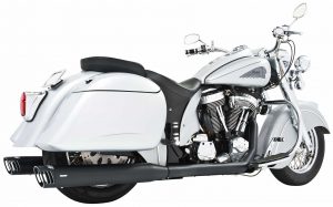 The world’s only complete 4” Muffler Indian Motorcycle performance system. Optimal horsepower & full range torque gains 2-step baffle from 2 ½” to 3” for optimum performance or optional quiet baffles 2.5” O.D. full-length, 1-piece 220 degree heavy duty 16 gauge heat shields O2 ports & plugs provided for early models Complete with mounting hardware and brackets Drag strip rumble