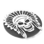 Machined aluminum backing plate. Chief Skull available in Satin Black or Polished Stainless Steel. Replaces factory clutch cover.