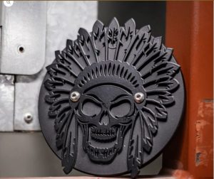 Machined aluminum backing plate. Chief Skull available in Satin Black or Polished Stainless Steel. Replaces factory clutch cover.
