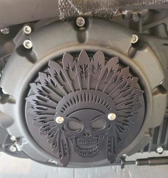 Machined aluminum backing plate. Chief Skull available in Satin Black or Polished Stainless Steel. Replaces factory clutch cover.