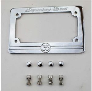 CI-2015C Chrome Billet License Plate Frame - "Legendary Speed" Aeromach - Chrome Motorcycle License Plate Frame Fits 2014 and Up Indian Scout Models. Features: Dress up your Indian Scout with this billet license plate mount. This is not some cheap cast or stamped frame/mount. This mount is machined from billet aluminum, hand polished and then chrome plated. This is a tribute to Burt Munro and his record setting Scout. "Legendary Speed" is engraved on top of the mount and "35" (Burt's number) on the lower section. Stainless steel hardware and chrome bolt head covers complete the look. Designed for standard U.S. License Plates. Made In the USA Pick up this Indian Scout license plate frame today! Finish: Chrome Fitment: Fits 2014 and Up Indian Scout Models.