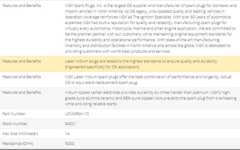 NGK® Spark Plugs have superior construction, longer life and optimum performance. LASER IRIDIUM SPARK PLUG Gap 0.039"; Actual OE Manufacturer