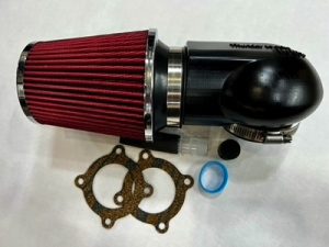 IF YOU INTEND TO MODIFY YOUR BIKE TO PERFORM TO IT'S MAX, YOU NEED TO INCLUDE THE BEST AIR BREATHER POSSIBLE compare to venium plenium, velosity, ram air, 90 degree, forced air intake! "Naked Ripper" intake for 111/116 bikes THUNDER WORKS "Ripper" This intake is designed for the 111 and 116 engines. It requires you to remove all of the original intake. With this unit you will be sucking in all of the cool air your engine wants. The cone filter is huge and restricks the air flow very little. It comes with a rain guard. The tank protects most of it from rain. It includes the needed tube to connect your polution control vent. The built-in airbox helps deliver the most air when needed. It also promotes a very smooth air flow path. The bulb shape of this intake is very special. Anytime air has to turn a corner it tends to slow down because the speeds change on the outside curve and the inside curve as well as friction against the walls. This bulb design is larger than a normal elbow allowing the speed difference and wall friction to be reduced since the pressures are reduced as it makes the turn. This is a new approach to getting air into the manifold efficiently. Many intakes have a pretty shape but force the air to take a hard 90 degree turn compressing part of the air flow and slowing it down. It is time for motorcycle intakes to advance in design. This intake is made by a break through technology. It is 3D Resin printed. Industry is using 3D printing more and more to make prototypes of new products. However, at Thunder Works we have developed a way to make high quality usuable intakes directly from the printer. This allows us to make shapes and chambers exactly as needed without compromise. The plastic is resistent to heat, gas and oil and will last many many years. Please note that you need to buy a K&N re-charge kit or similar. This allows you to oil the filter the first time. Then you will be able to clean it and re-oil it many times with a $13 kit available at Amazon and auto stores. The red rubber band is a special silicon band used to seal the intake to your manifold and is included. It can withstand 600 degrees temp. The included filter is reusable and requires cleaning and oiling. Black Naked Ripper Part #Naked Ripper-111/116-blk $329.95 (shipping $13.95) Add To Cart Now included is a plug for the crankcase vent tube. If you want to not connect the vent tube, you can install the plug and put a seperate filter on the vent tube (not included).