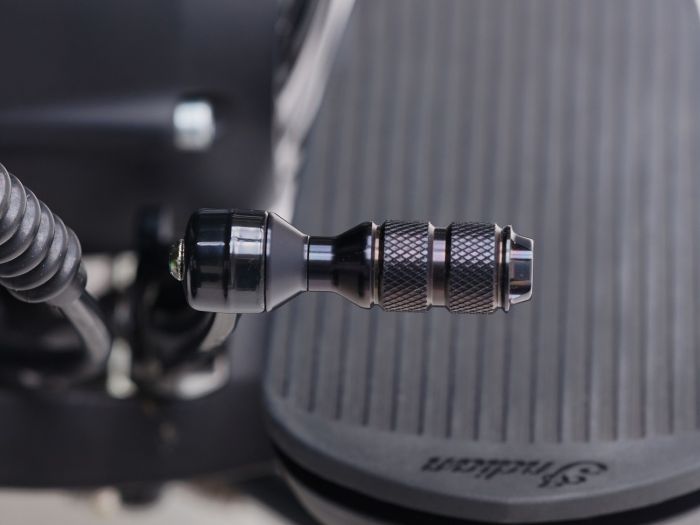 Replacement shift & brake lever knobs installed at OE mounts.
Easy to replace the OE knobs, just takes a minute.
Crown foot peg design
All parts are CNC machined and BLACKPearl anodized