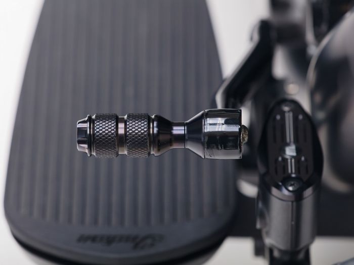 107056-F15 Replacement shift & brake lever knobs installed at OE mounts.
Easy to replace the OE knobs, just takes a minute.
Crown foot peg design
All parts are CNC machined and BLACKPearl anodized