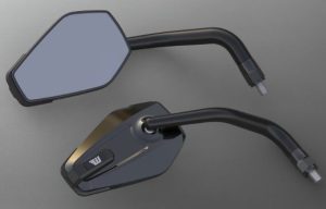 Available versions: Left-hand and Right-hand. The surface of the housing is made of CNC 3D machined aluminum, The mirror is made of a tinted convex glass (reduces dazzling). Integrated in the housing: Exchangeable impact protector made of black plastic. This item prevents the mirror housing against ugly scratches caused by bumping on the house or garage wall when parking the bike, for instance. The 'arm' of the mirror is elbowed twice. This enables for more movement and super three-dimensional optics. The mirror can be adjusted utilizing a solid ball clamp made of high-grade stainless steel. All Black anodized.
