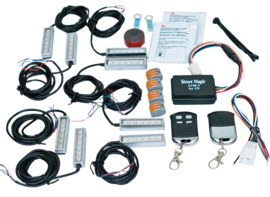 All Magical Wizard kits include a wiring diagram, complete installation kit and standard or Bluetooth-compatible (Android and IOS applications) Color Command™ 5 remote control Remote allows user to select one of seven pre-programmed colors; pick a custom color or continuously rotate through all the colors at a user-selected speed and select one of three breathe speeds or one of three strobe patterns All Magical Wizard accent lights are pre-taped with 3M double-sided tape and have minimum of 60" of wire; Magical Wheel lights have 84" of wire Super kit includes eight LED pods Magical Wizard lights work great under saddlebags and on frame rails as ground effect Wheel lights offer 12 LEDs in an oval disk shape that gives a 360° light output when mounted to the back side of a flat brake caliper with a minimum of 5/8" clearance between the wheel and caliper Magical Wizard pods, strips and wheel lights can be used in conjunction with any Magical Wizard kit